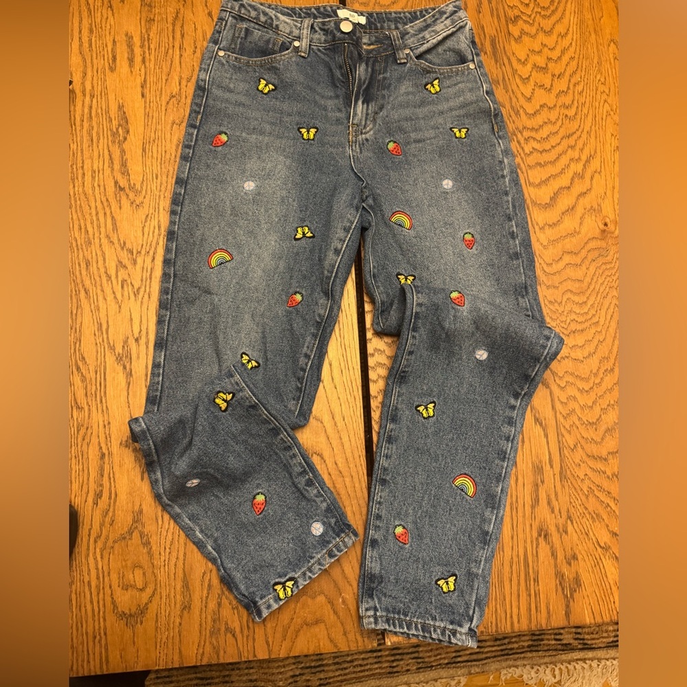 BP Straight Leg Jeans Blue Playful Embroidery butterfly rainbow 90s Y2K Grunge